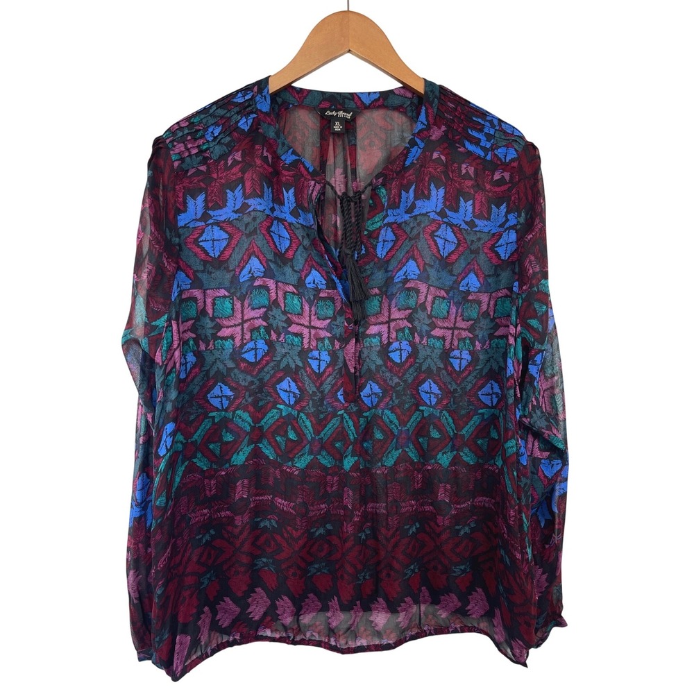 Lucky Brand Boho Geometric Print Tassel  Sheer Top XL Ikat Eclectic Whimsical